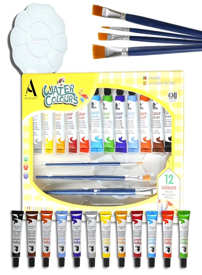 مجموعة ألوان مائية ArtRight 12 × 12 مل مع 4 فرش رسم مجانية - ألوان مائية متعددة الألوان خالية من الأحماض وغير سامة للفنانين للرسم (12 مل، 0.4 أونصة) - Image 1